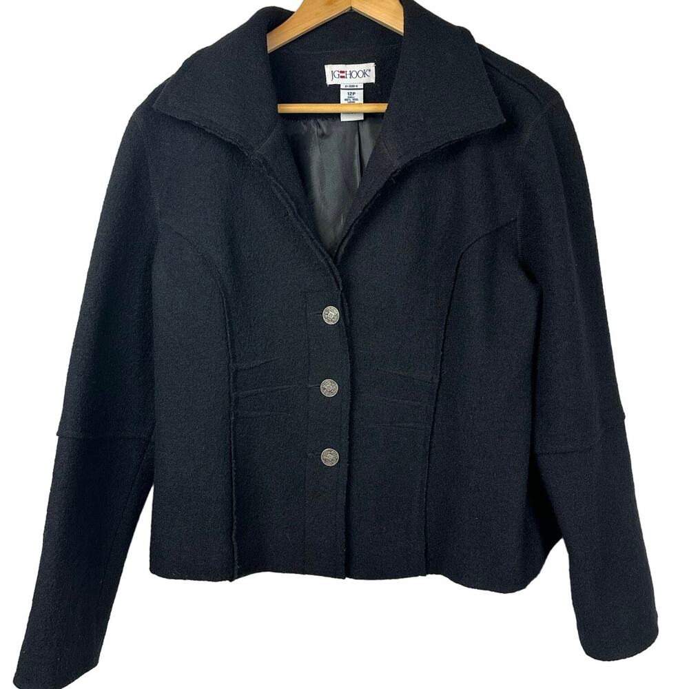 JG Hook Women’s 12 Petite 100% Wool Black Jacket Raw Edge Cropped Lined buttons